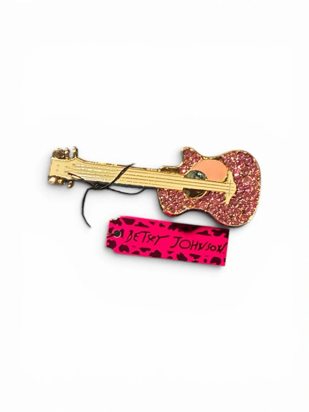 Betsey Johnson Gold and Pink Glitter Guitar Pin with Hot Pink Tag
